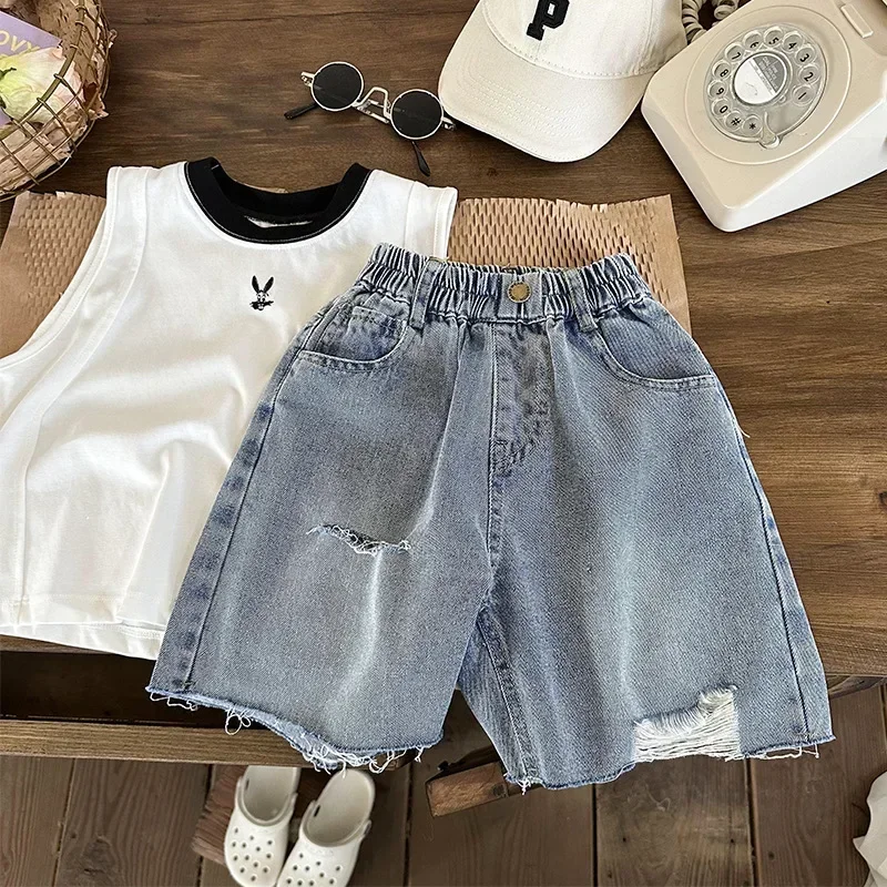 Boy Girl Baby Fashionable Pants Children's Shorts Boys' Ripped Jeans Summer 2025 New Korean Style