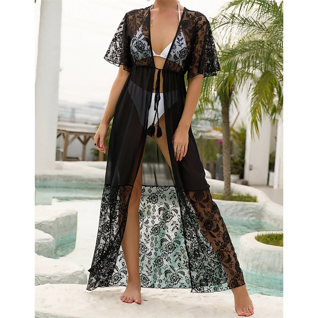 2026 Neues transparentes Netzstoff-Tunika mit Häkelspitze, Strand-Cover-up, langes Strandkleid, Strandmode, Damenbekleidung V3917 – Detail 10