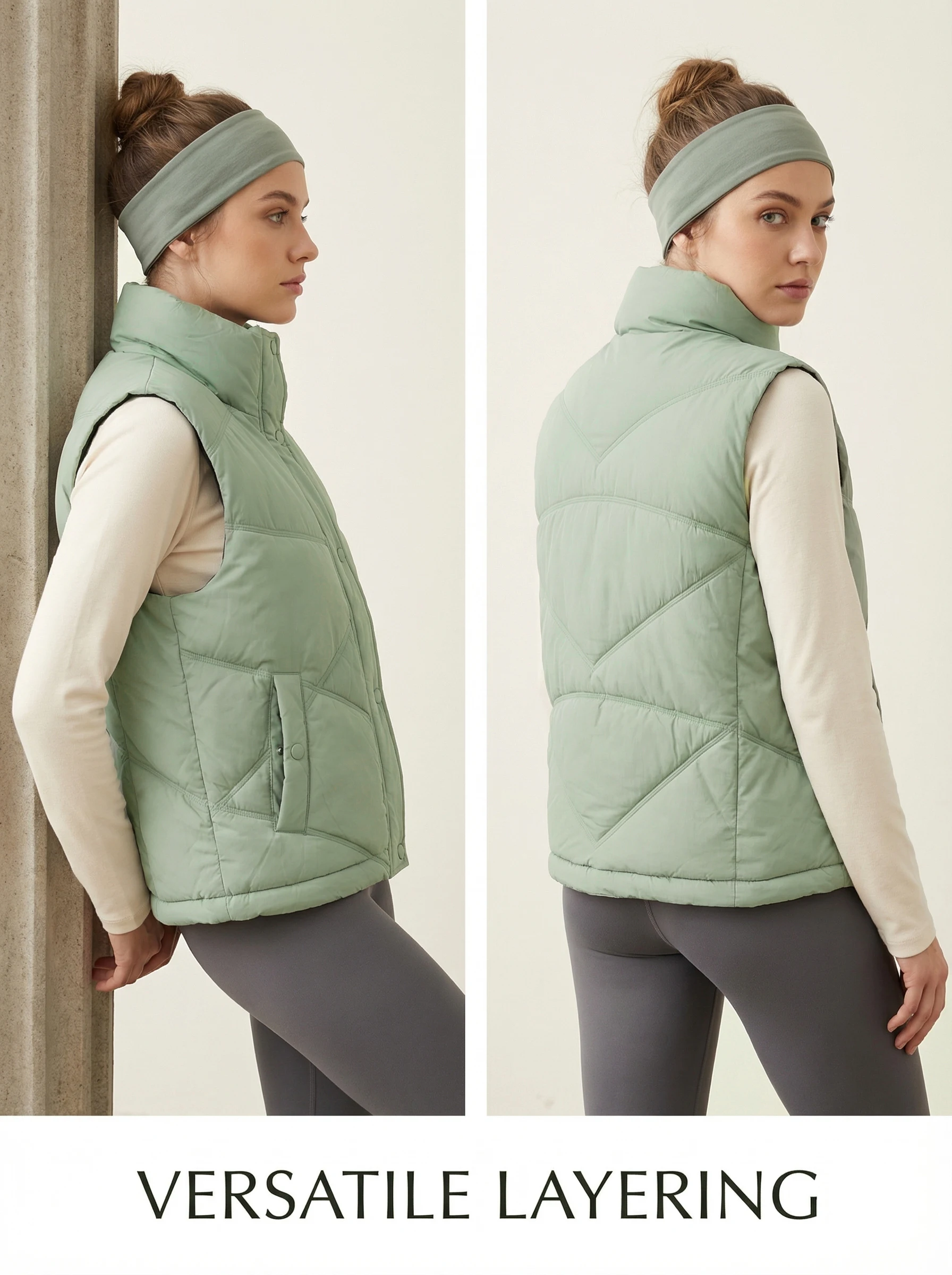 Autumn standing collar stitched vest, windproof and temperature locking, sleeveless design, suitable for multiple styles of laye