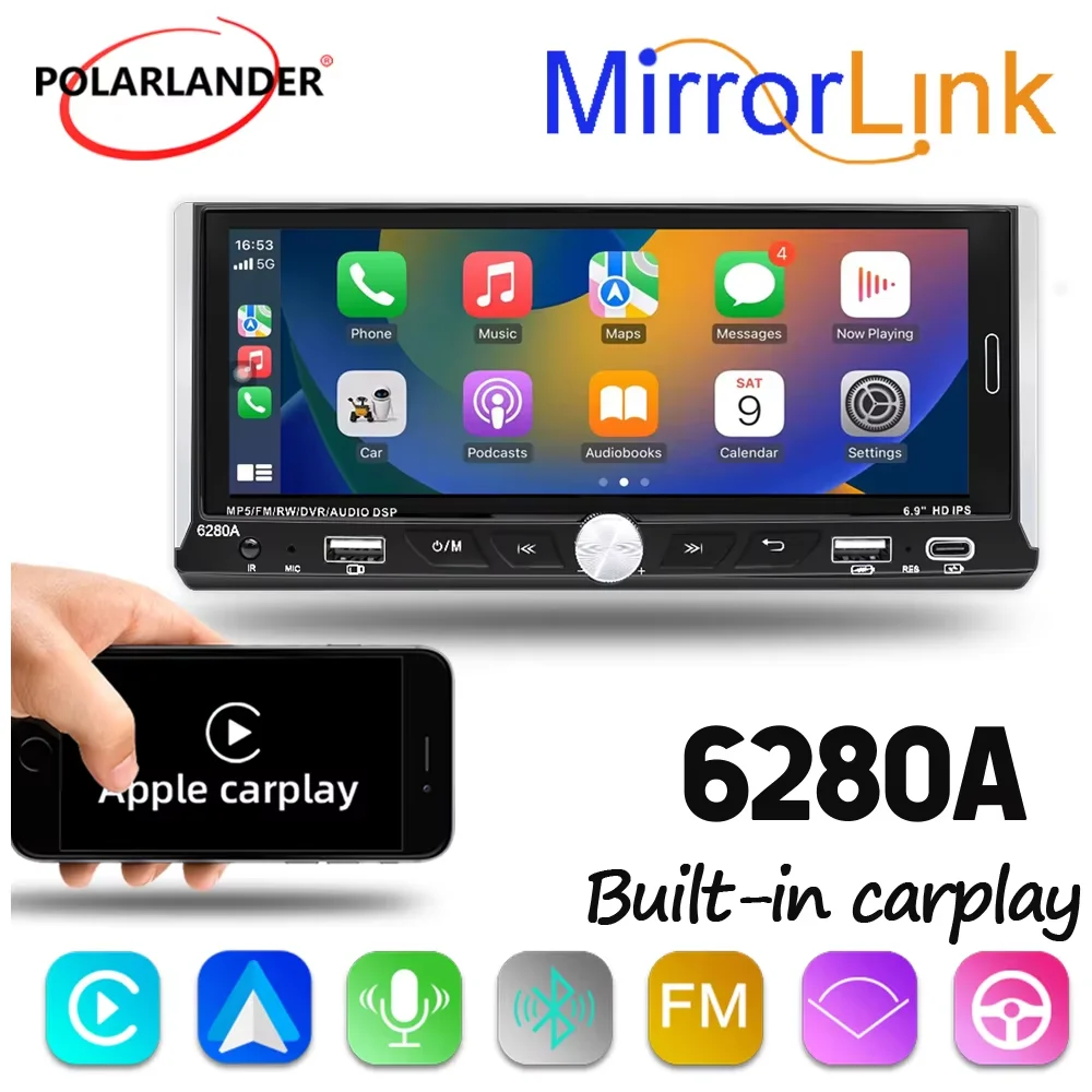 

Wireless Carplay 2+64G 2.5D IPS 6.9 inch 1 Din Car Radio Touch Screen 6280A Bluetooth Car MP5 Player Android 13.0