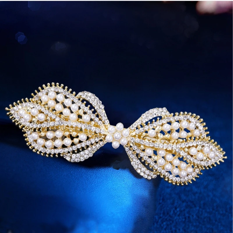 Korean version pearl bow rhinestone spring hair clip top clip horizontal clip elegant temperament mom fashion hair accessories