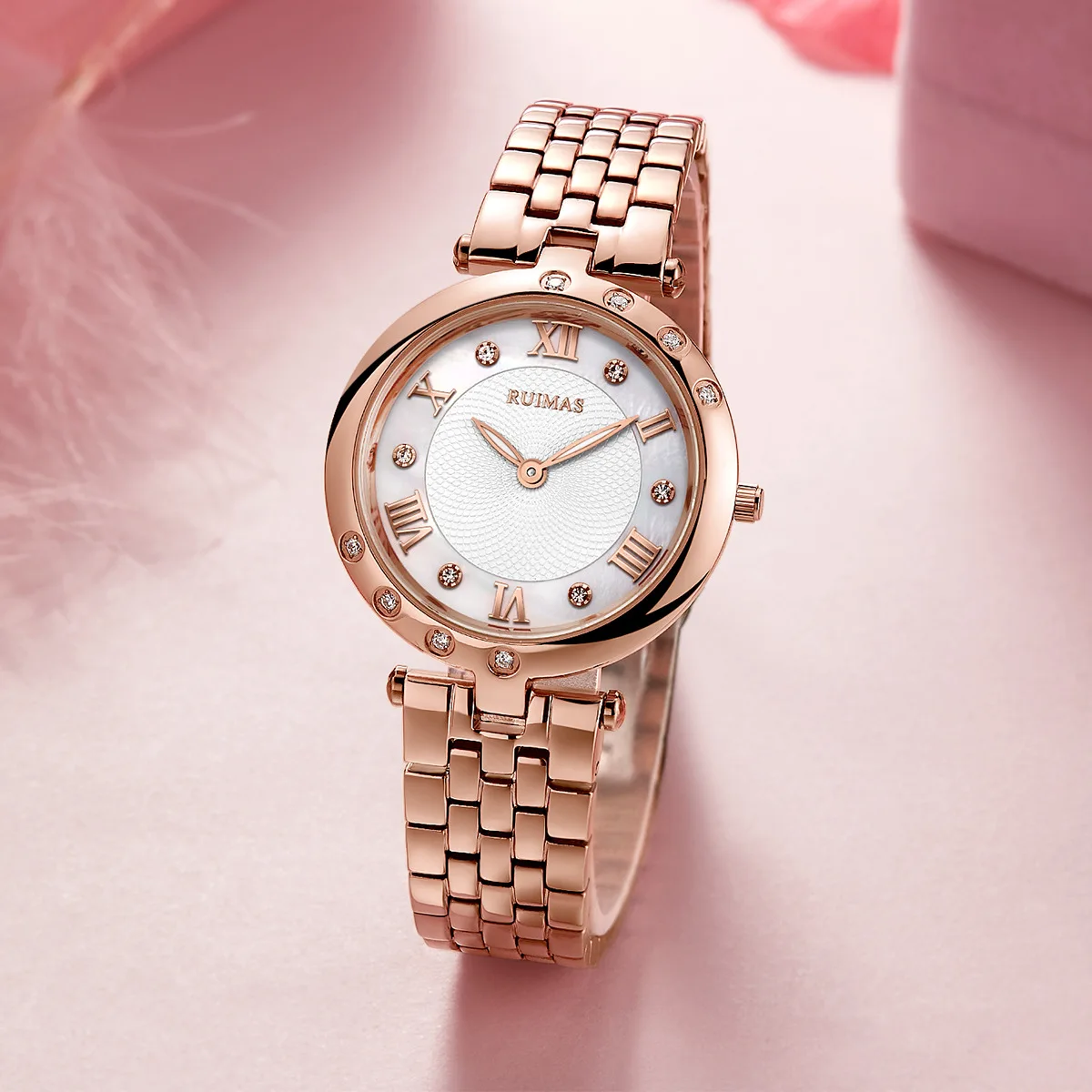 RUIMAS 6749 Women Quartz Watch Elegant Leisure Diamond Rose Gold Stainless Steel Strap Analog Display Wristwatch for Ladies Gift