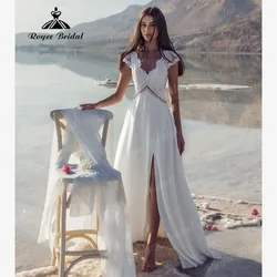 Split Side Chiffon Boho Bohemian V Neck Wedding Dress with Cap Sleeve 2025 Backless Bridal Gown Women vestido noiva Customized 