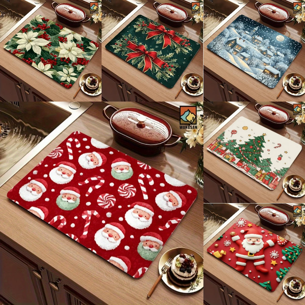 Weihnachtsmann wasserabsorbierende Unterlage Weihnachtsbaum Blumen Schneeflocken saugfähige Matte Diatome Geschirr Küchentheke Abflussmatte
