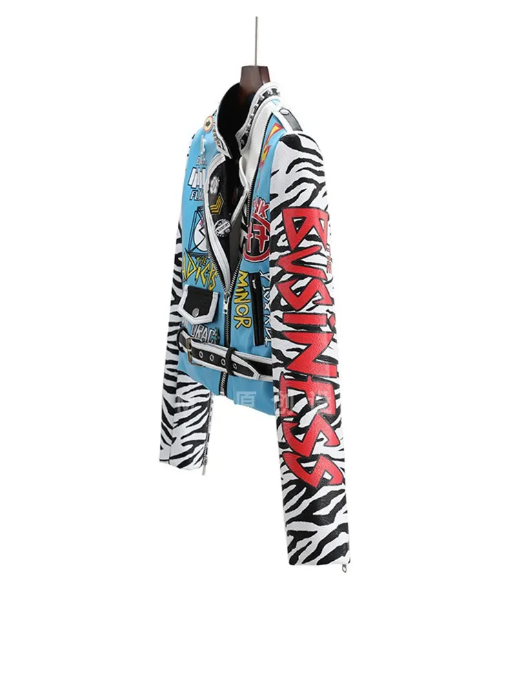 Chaqueta de cuero recortada con remaches Punk para mujer, ropa de calle con Graffiti, abrigos coloridos de locomotora Rock, prendas de vestir