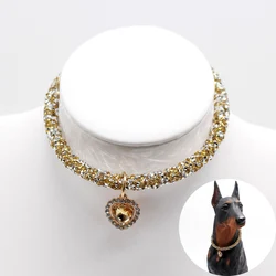 Crystal Heart Dog Necklace with Bling Rhinestones Charms for Small Dogs Girl Teacup Chihuahua Cat Collar Jewelry Pet Accessories