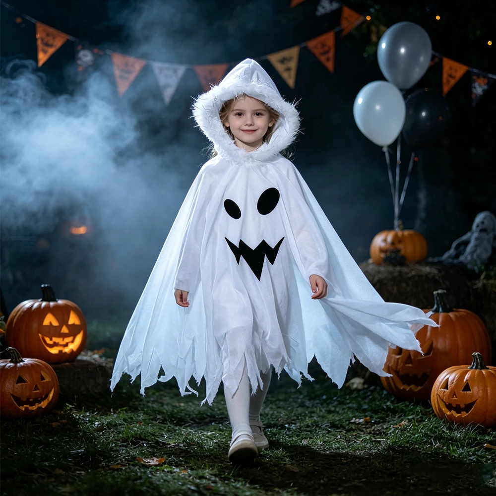 Kids White Ghost Cape Costume Hooded Cloak With Spooky Face Print Jagged Hem For Halloween Carnival Cosplay Theme Party
