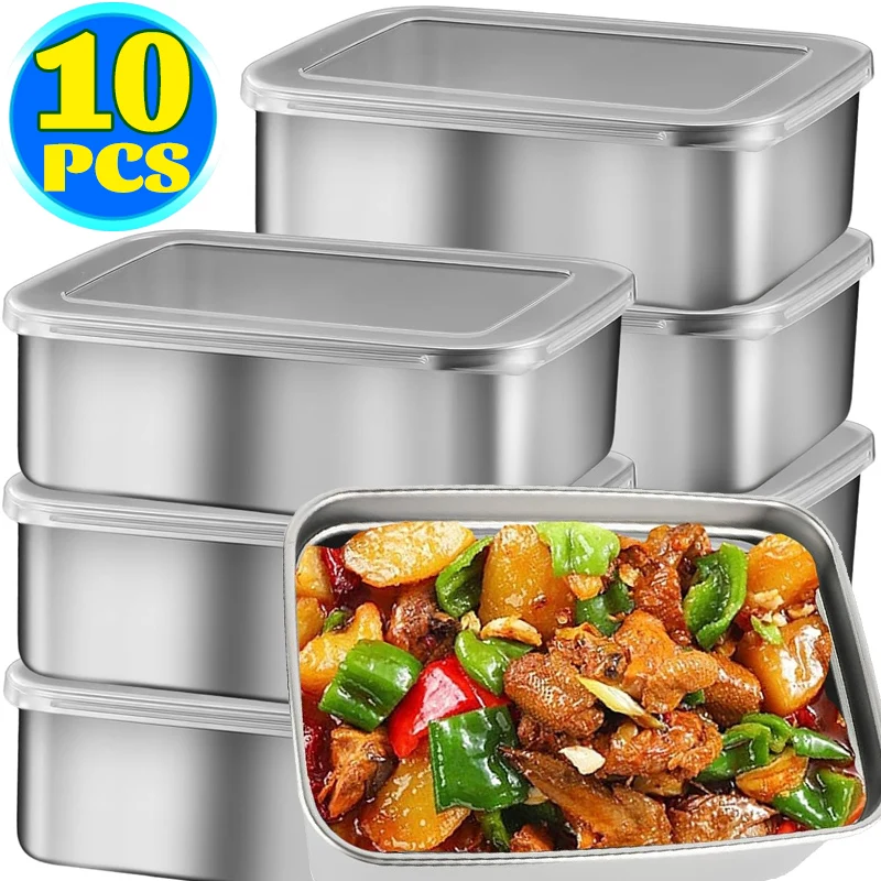 Stainless Steel Crisper with Lid Fresh-keep Food Container Rectangle Picnic Bento Tray Refrigerator Storage Box for Restaurant