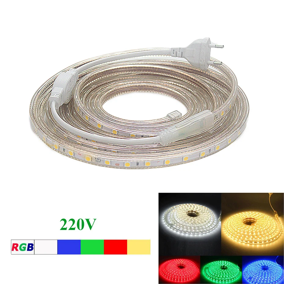 

AC 220V LED Strip Light 5050 RGB SMD Waterproof Silicone Tube 1/2/3/4/5/6/7/8/9/10/12/15/20m RGB White 60LEDs/m + EU Power Plug