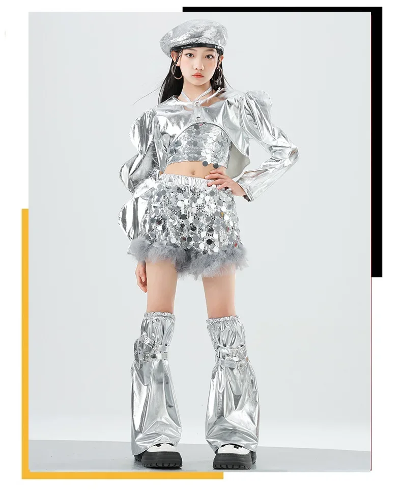 Mädchen Silbernes Pailletten-Jazz-Hip-Hop-Tanzkostüm Streetdance-Bühnenoutfit Glitzerndes Pailletten-Tanzoutfit-Set – Detail 10