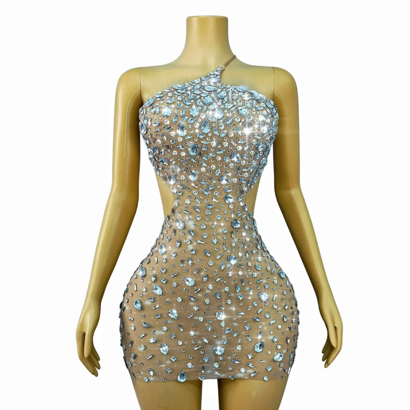 

Xiaoxingshan Luxury Sky Blue Multi Size Crystal Rhinestone Mesh Short Dress Asymmetric Halter Hollow Torso Nightclub Rave Outfit