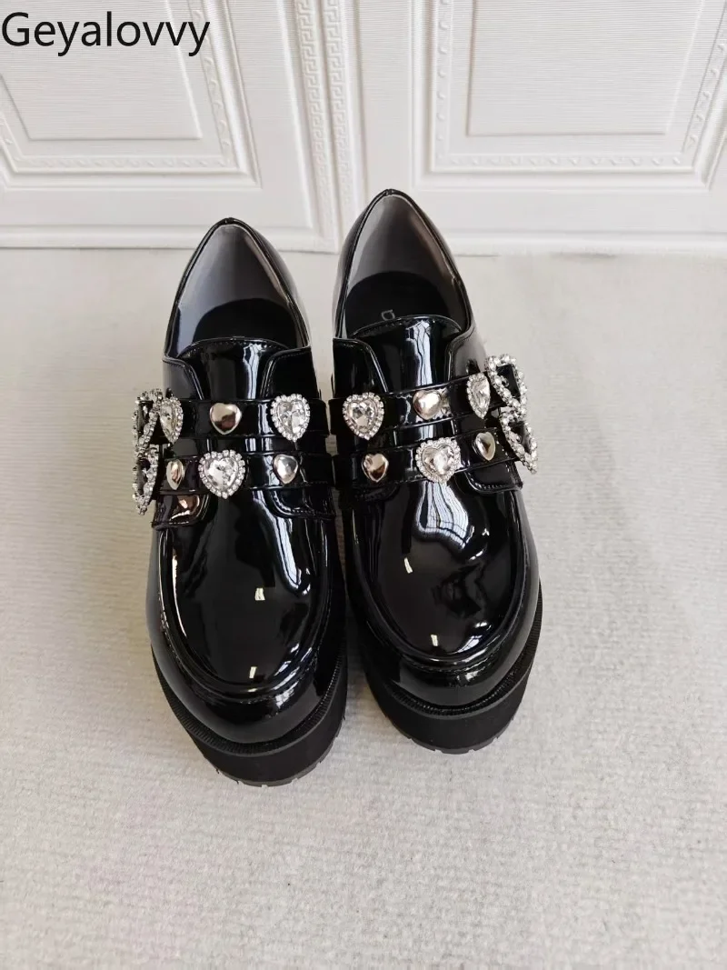 

Japanese Love Buckle Trendy Lolita Platform High Heels Mary Jane Shoes Rhinestone Lolita College Style Black Pu Leather Shoes
