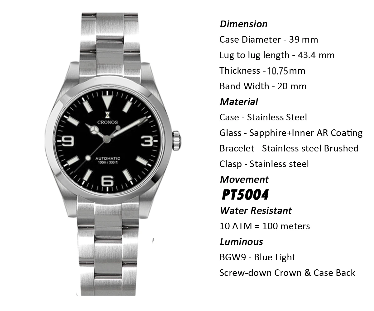 Cronos EX Diver Mechanical Men Watch 39mm Automatic PT5000 Sapphire Glass Bushed Bracelet Glide Clasp 10ATM  L6031