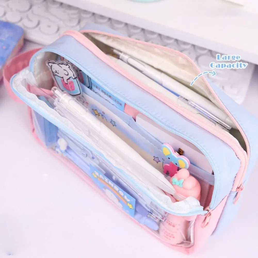 Portable PVC Pen Bag Contrast Color Transparent Pencil Case Large Capacity Waterproof Pen Box Gift