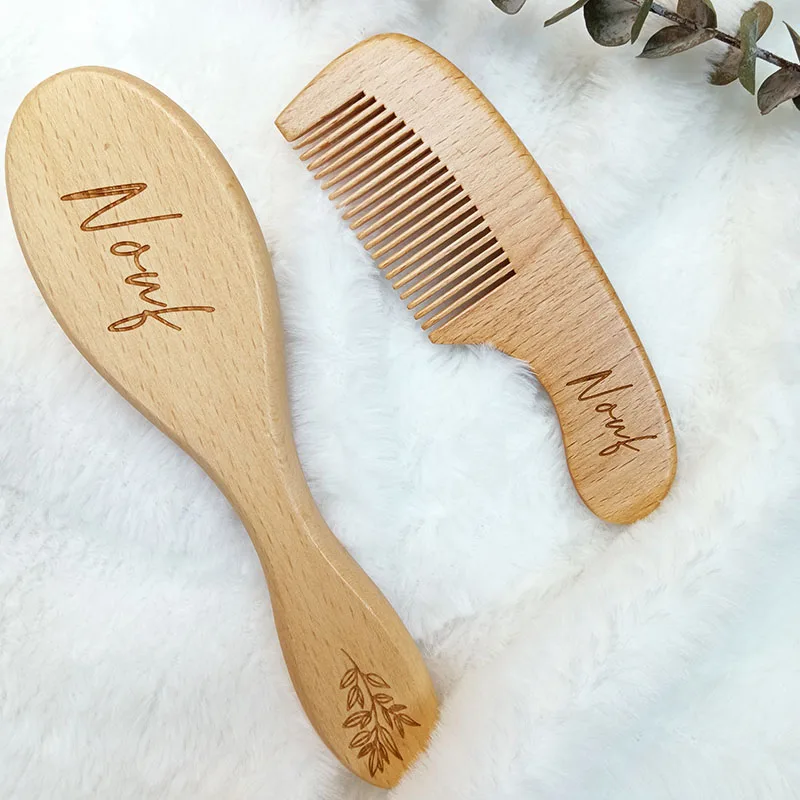 Baby Hair Brush And Comb Custom Baby Wooden Hair Brushes for Kids Comb Set Goat Hairbrush Wood Combs Birthday Baby Shower Gifts