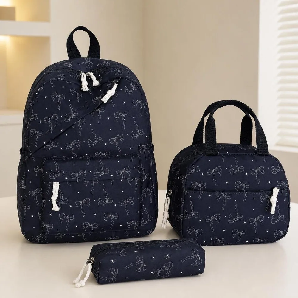 3PCS Bow Print Backpack,lunch Bag,Pencil Case Set Spacious Multicolor Schoolbag Set Lightweight Waterproof Student Rucksack Set