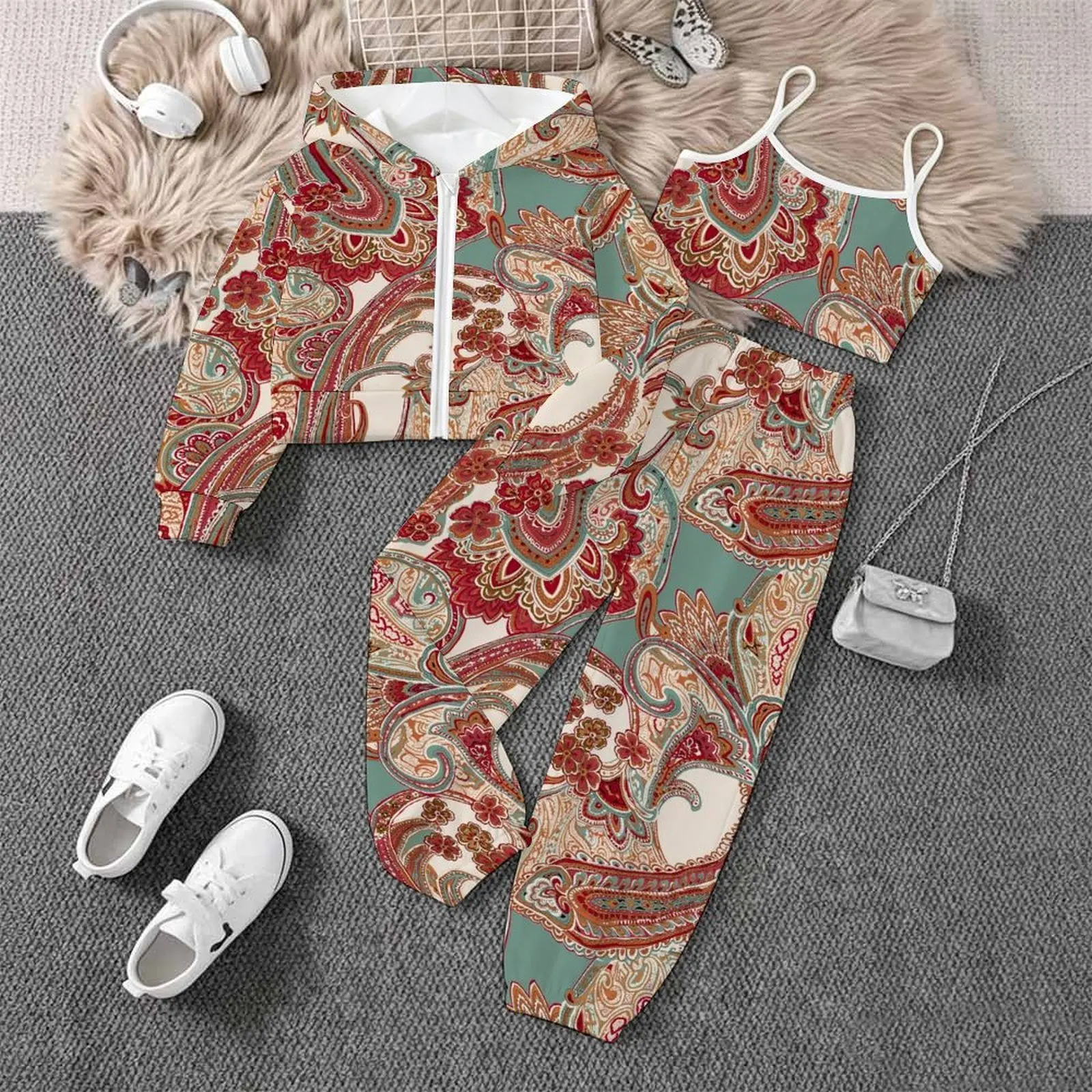 Autumn Winter Girls' Printed Three Piece Fashion Coat Everyday Vest Daily Pants Children's Jogging Pants Casual Pants