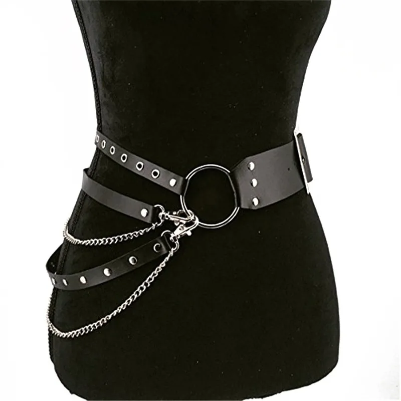 

Women Gothic Punk Waist Belt Chain Metal Circle Ring Design Silver Color Pin Buckle Leather Black Waistband Jeans Waist Belts