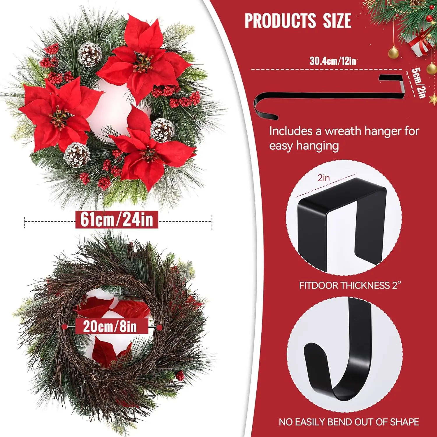 إكليل عيد الميلاد مقاس 24 بوصة - إكليل صنوبر كبير مع بونسيتة حمراء للباب الأمامي والجدار والمدفأة - داخلي/خارجي #4