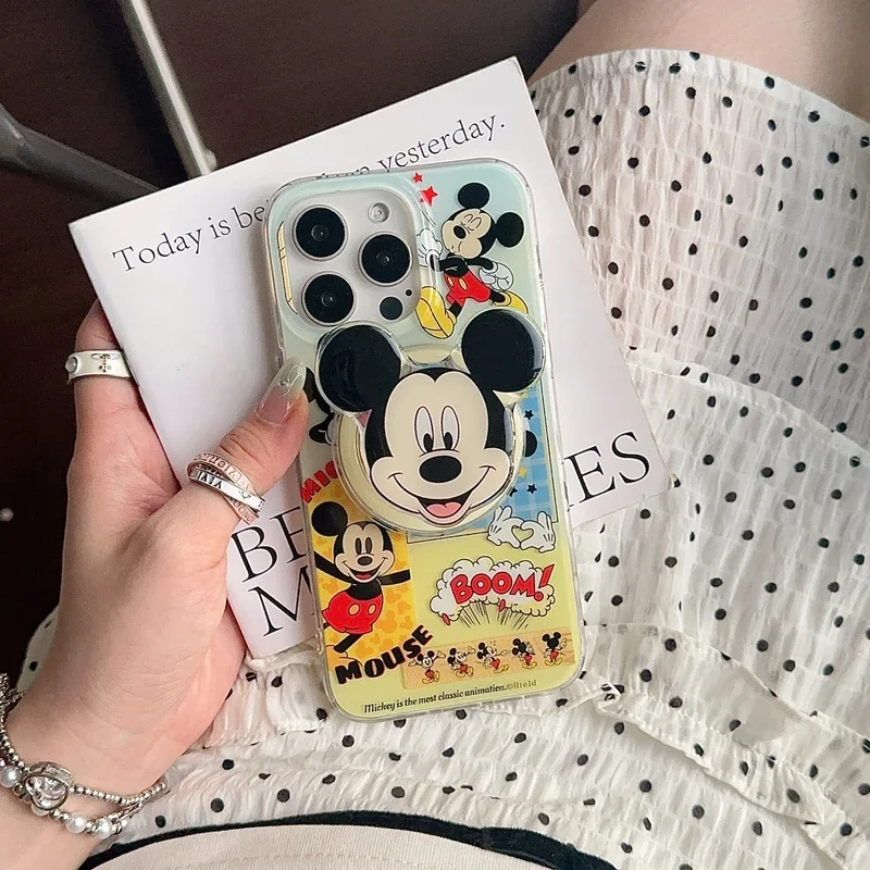 Funny Cute Disney Mickey Mouse Magnetic Holder Magsafe Wireless Charge Phone Case For iPhone 15 14 13 12 Pro Max Hard Cover