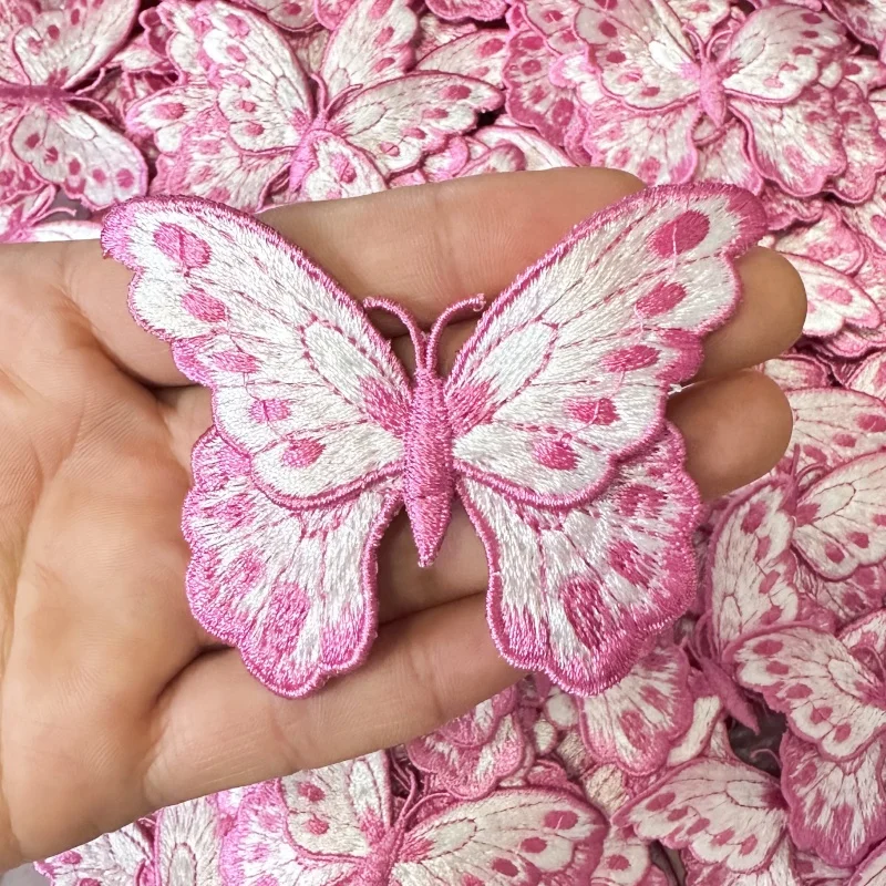 3Pcs 2 Layer Pink Butterfly Embroidered Patches Applique Sewing Clothes Clothing Patch Fabrics For Dress Jackets Decoration DIY