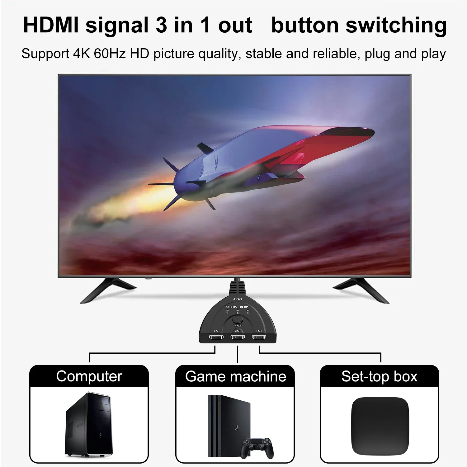 HDMI 호환 허브 케이블, DVD HDTV Xbox PS4 용, 4K 60Hz 3D 미니 3 포트, V2.0 스위처, 4K @ 30/1080P 스위치 스플리터, 3 인 1 아웃 포트