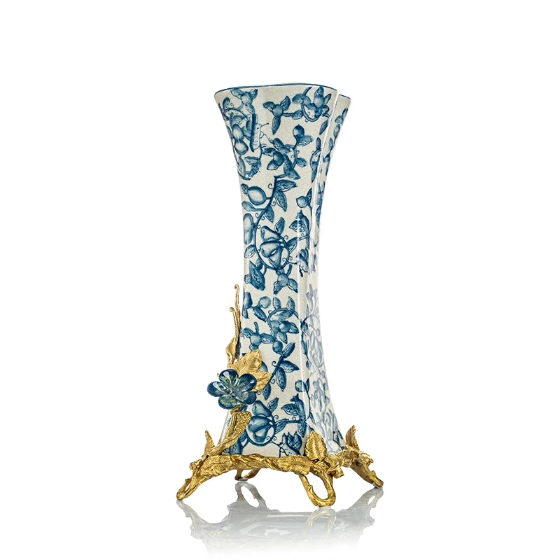 European high-end brass ceramic vase new Chinese luxury living room porch blue and white porcelain home decoration vases