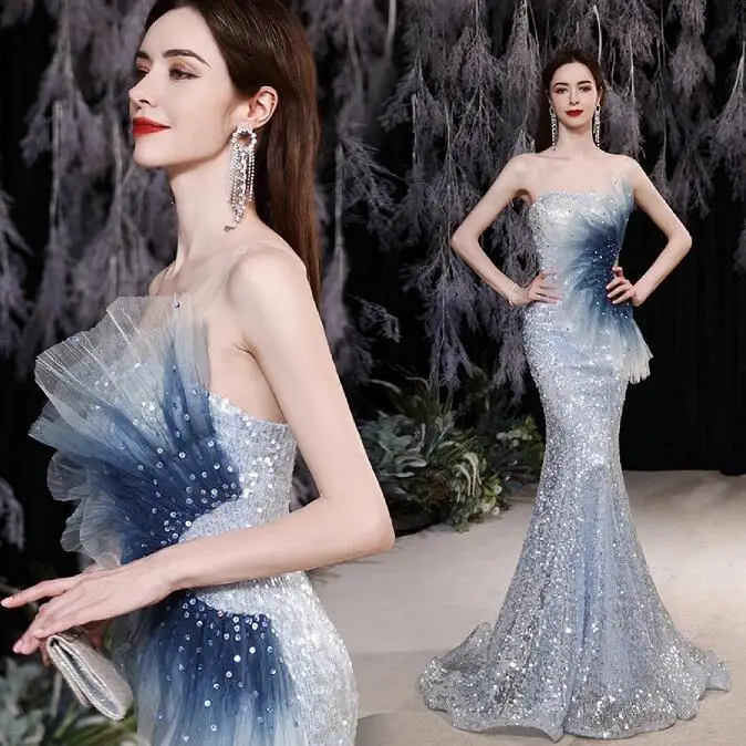 

Mermaid Elegant Evening Dresses Blue Boat Neck Gradient Color Shiny Sequin With Zipper Party Prom Gown Robes De Soirée 2022 New