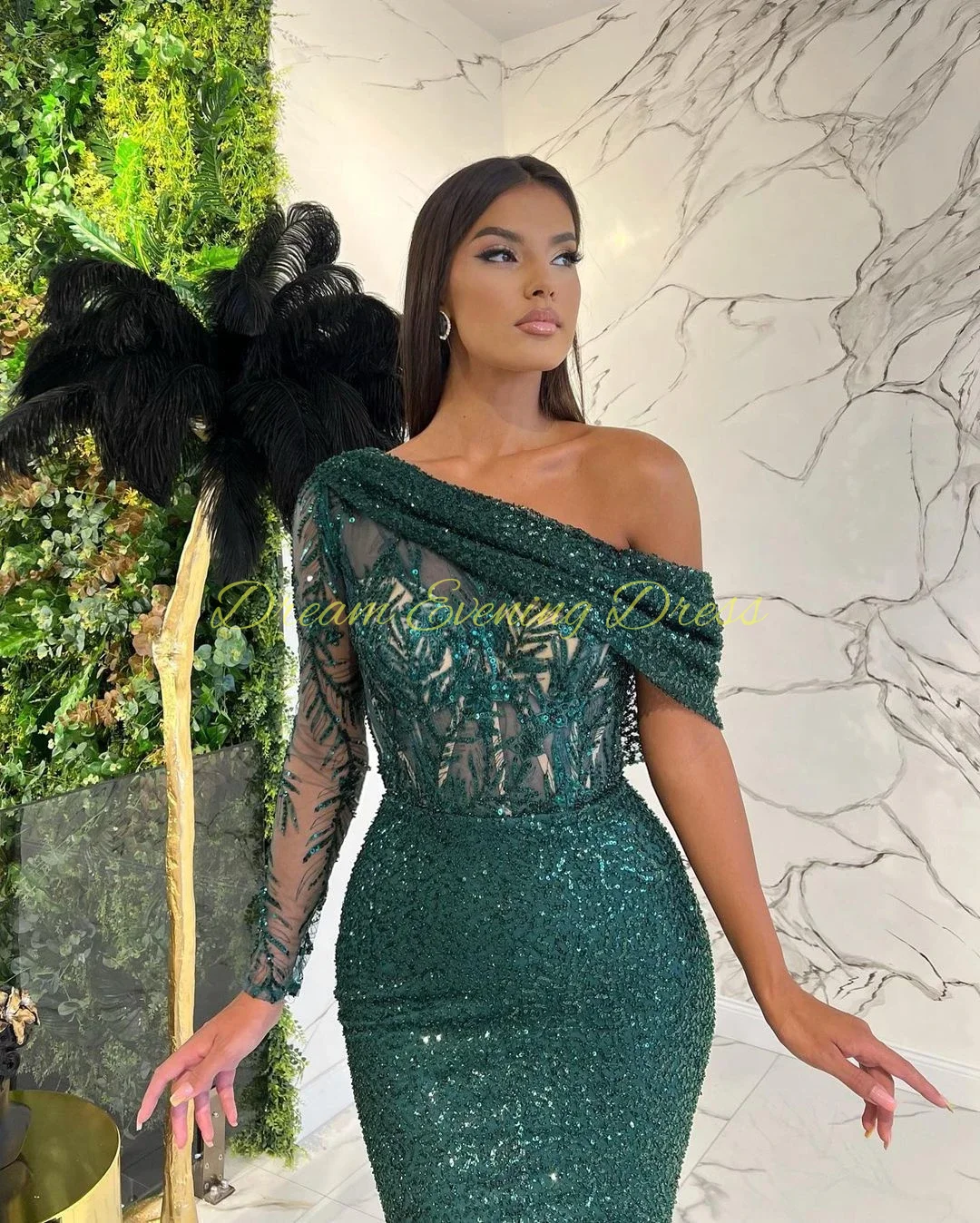 Sky Blue Shiny Sequins One Shoulder Sleeve Long Sleeve Mermaid Prom Dresses Lace Applique 3D Flower Evening Dresses Party Dress