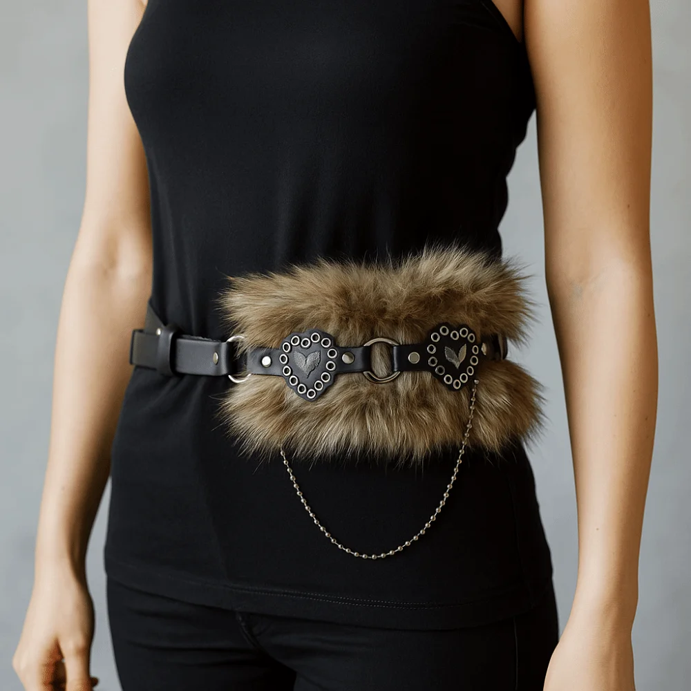 

Patchwork Heart Leather Fur Belt Faux Fur Spicy Girl Style Furry Waistband Korean Style Punk Y2K Waistband Dress Decoration