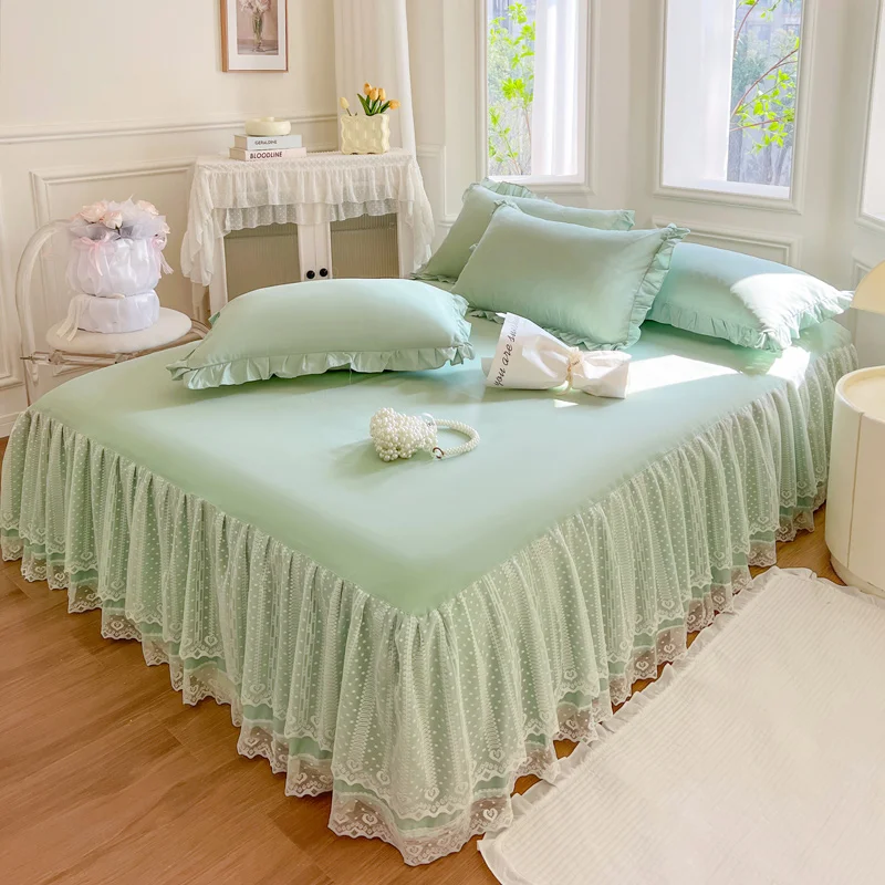 1pc Solid Color Bed Skirt with Lace All Around All-seasons Bed Cover Princess Girl Ruffles for 1.5m 1.8m Bed Without Pillowcase