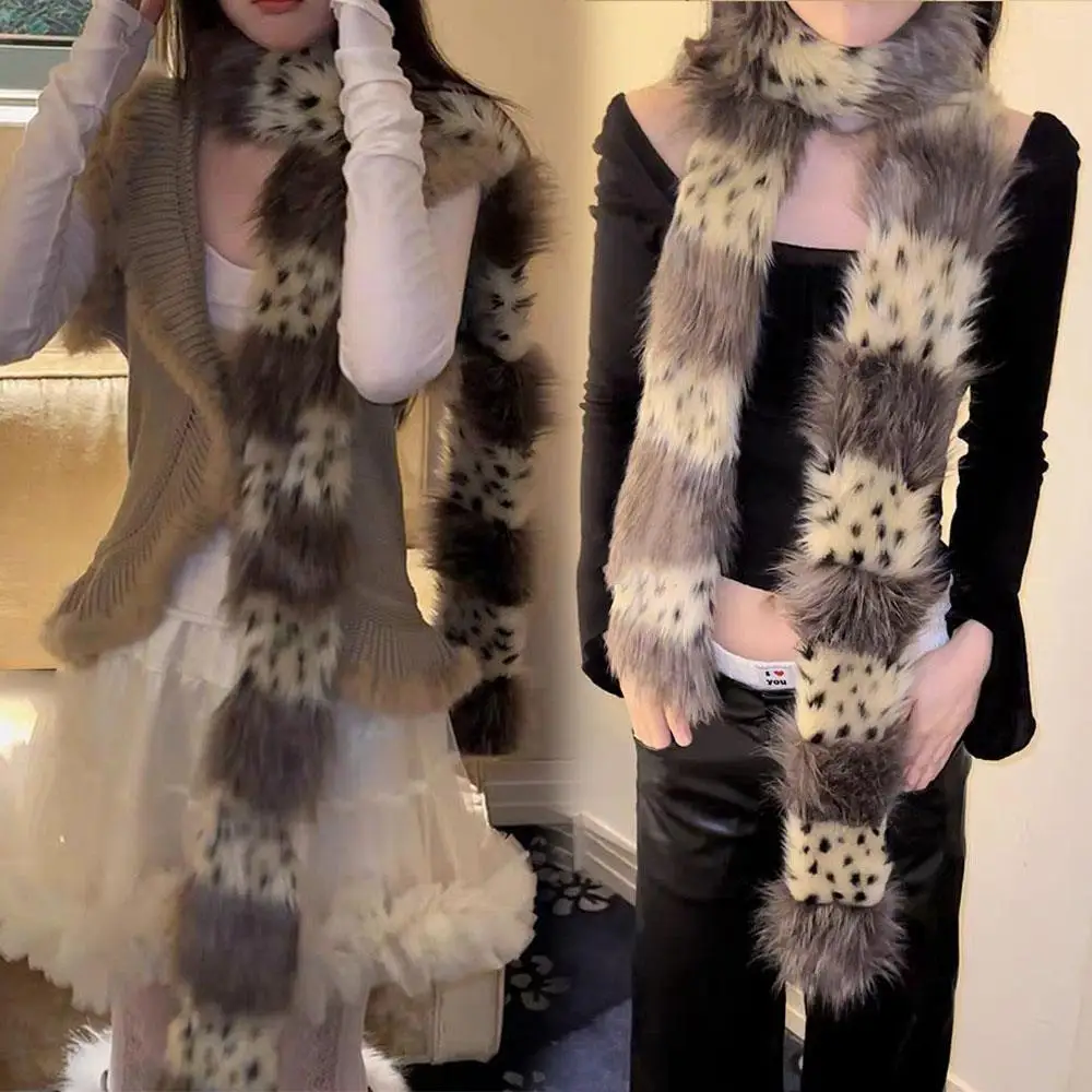 

186 см длинный теплый плюшевый шарф в горошек, пушистый узкий шарф из искусственного меха, шаль с леопардовым принтом, длинные меховые шарфы, зимние