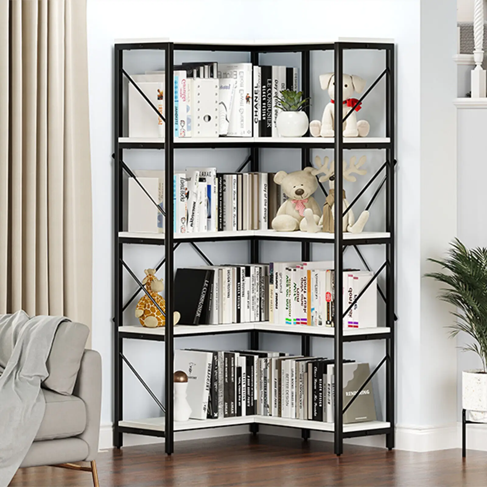 5 Tier Bookcase  Bookshelf L-Shaped Corner Display Rack Storage Shelves