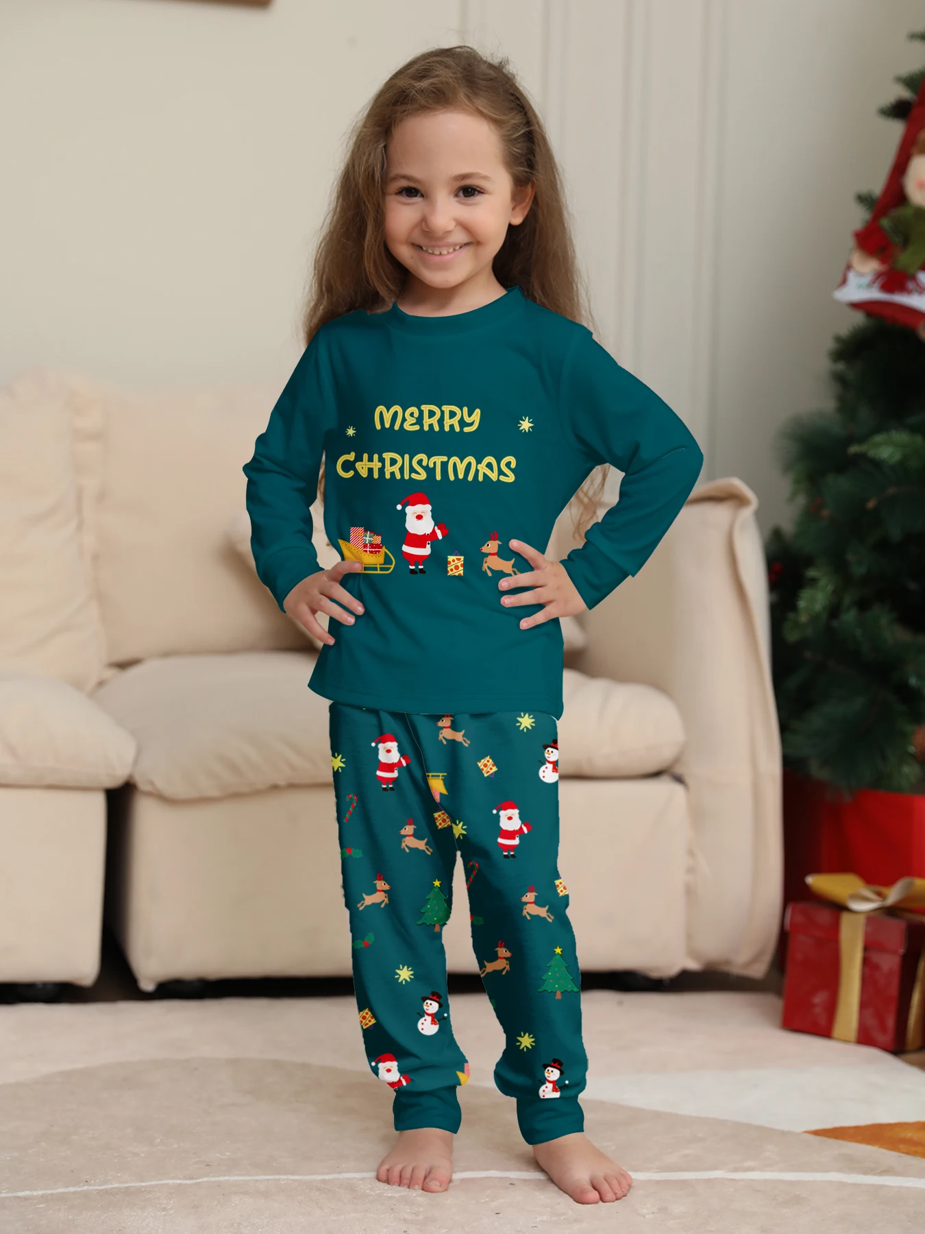 Family Christmas Pajamas Matching Parent-child Sleepwear Green Long Sleeve Santa Print Homewear Xmas Gift Men Women Kids view 6