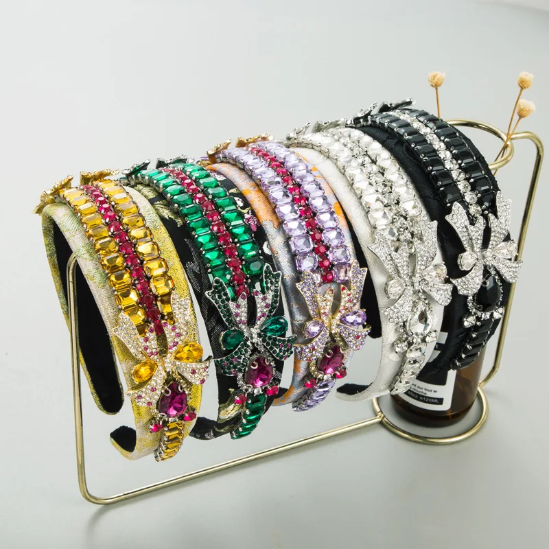 

Heming headband heavy craftsmanship new bow inlaid with colored diamond headband retro embroidery court style wide edge hair acc