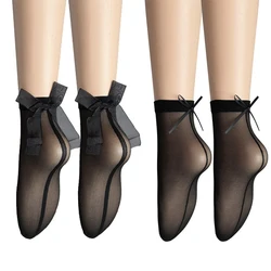 One Pairs Women's Black Sheer Ankle Socks with Bow and Back Seam Fashion Anklet for Shoe Size US 4-6 Paired with Heels or Flats