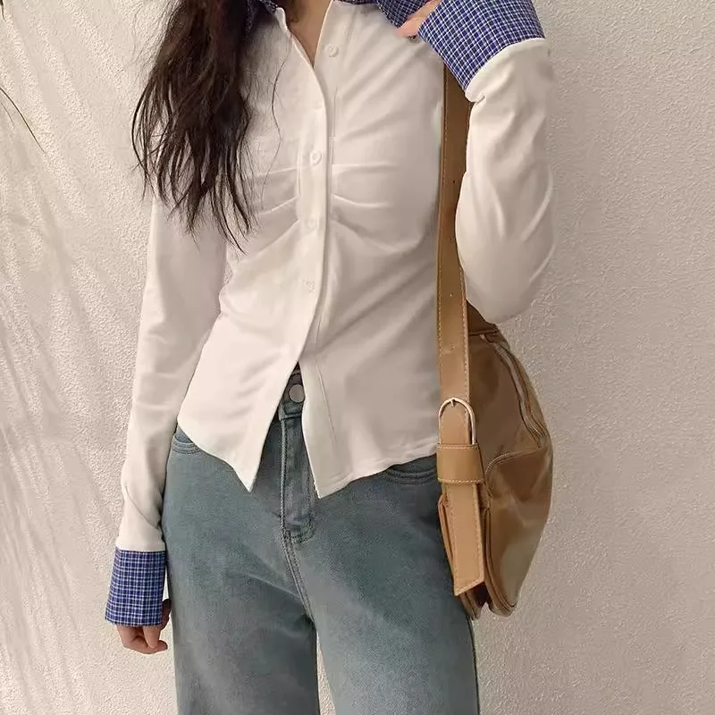 Slim Fit Long Sve  Collar Knitted irt Women's Single Button Splice Design Casual Sle Inner Wear Base Top Spring Au...