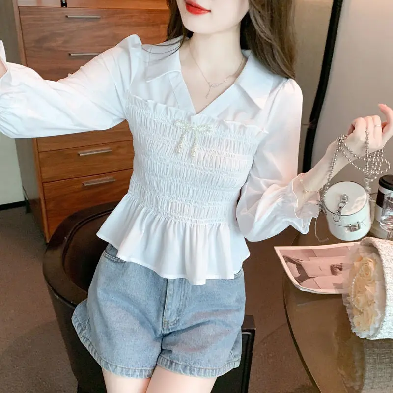 French V-neck Chiffon Shirt for Women's Spring and Summer New Three Quarter Sleeve Top Slimming and Stylish Top