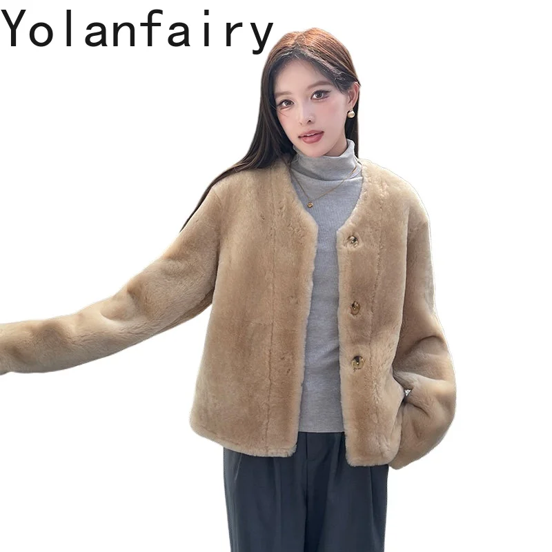 

YOLANFAIRY Fashion Natural Fur Coat Woman Winter Genuine Leather Jacket Women Hooded Short Sheep Shearing Jackets Abrigo Mujer