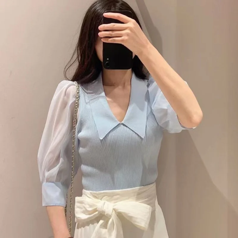 Neploe Commuting Bubble Sleeve Soft Blusas Japanese  New Collar Spliced Mesh Sweater 2024 Summer Thin Knitted Women Tops Mujer