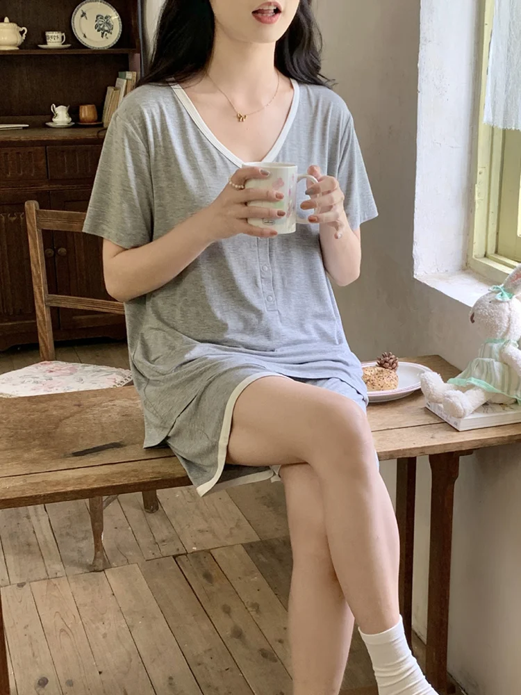 lightweight-modal-maternity-nightgown-with-chest-pad-short-sleeve-shorts-postpartum-summer-sleepwear-for-new-mothers