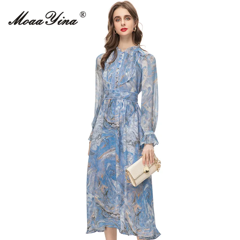 MoaaYina Spring Fashion Designer Vintage Print Party Dress Women's Lantern Sleeve Button Ruffles Lace Frenulum Slim Long Dress