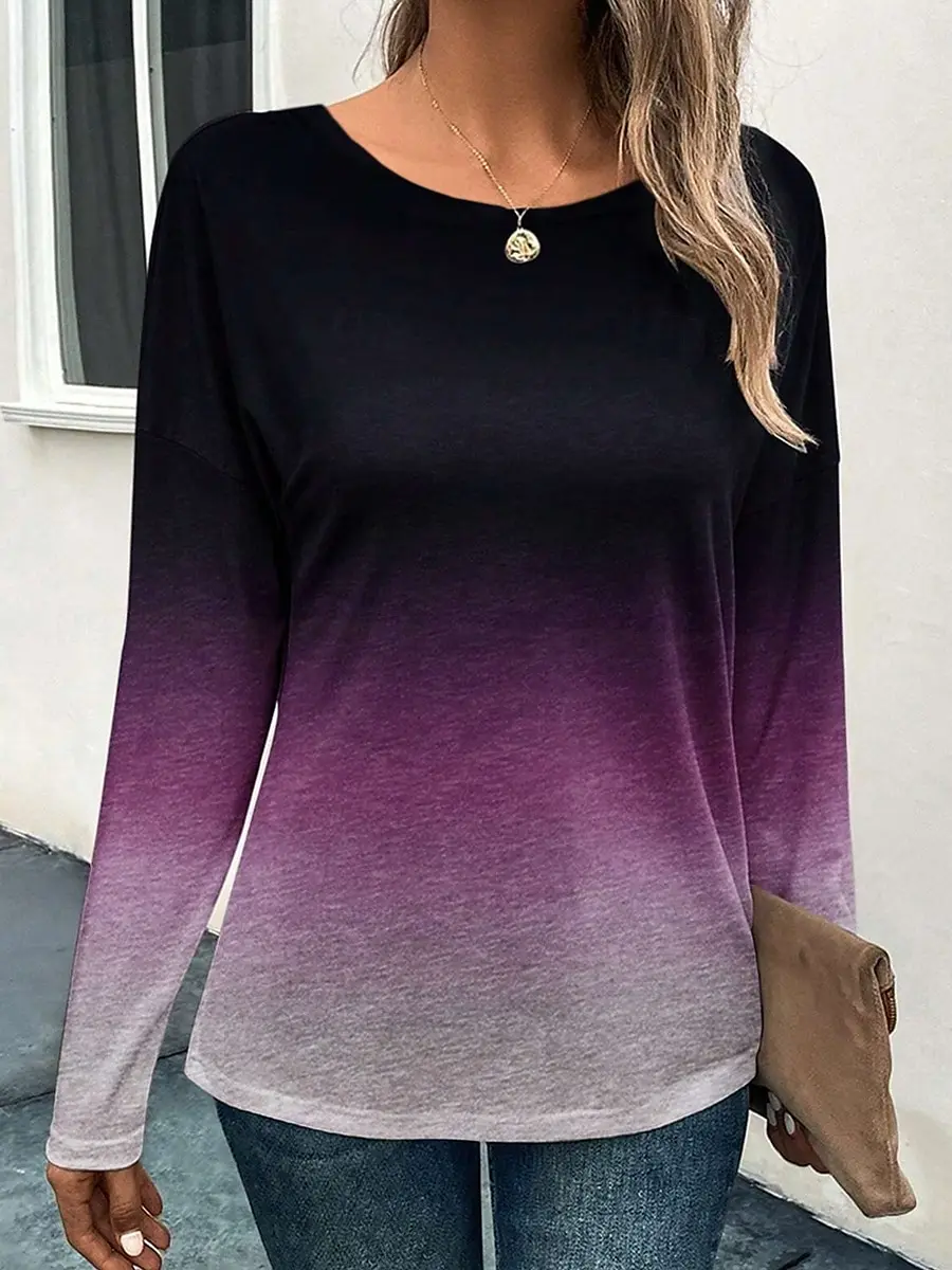 Women's T-shirt Gradient Color Fashion Casual Long Sleeve Round Neck Regular Tops Daily Weekend Print Purple Gray Spring Autumn