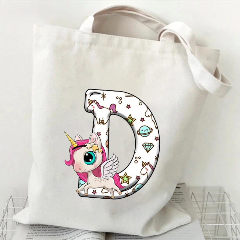 Woman’s Unicorn Alphabet White Print Tote Bag Harajuku Shopping Bags Unisex Cartoon Style Cute Unicorn Shopper Shoulder Bag