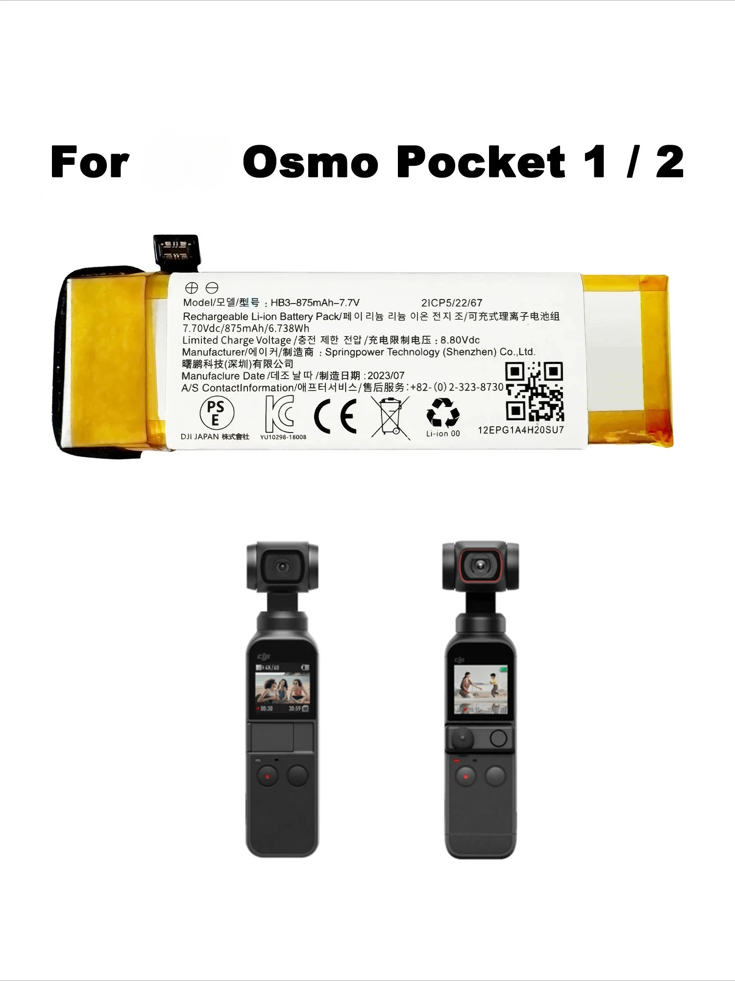 HB3 -875MAH-7.7V Replacement Battery For Osmo Pocket 1 Pocket II Pocket 2 3 2ICP5/22/67 BHX212-1300-7.7 Camera Accessories