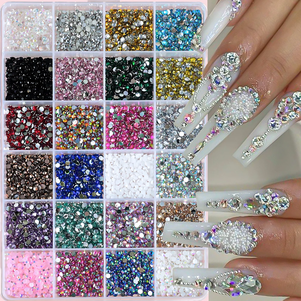 

24 Grids Mixed Color Round Nail Rhinestones Flatback Crystal AB Color Round Gems Multi-Size Nail Charms DIY Manicure Decorations