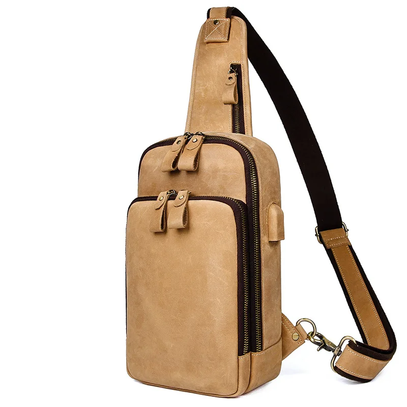 

2026 New Retro Crazy Horse Leather Chest Bag Multifunctional USB Cowhide Casual Crossbody Shoulder Bag