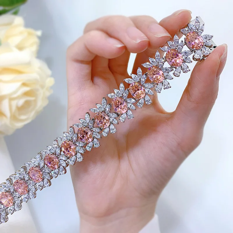 

Flower Paparacha Diamond Bangle Bracelet 100% Real 925 Sterling silver Wedding Bracelets For Women Engagement Party Jewelry