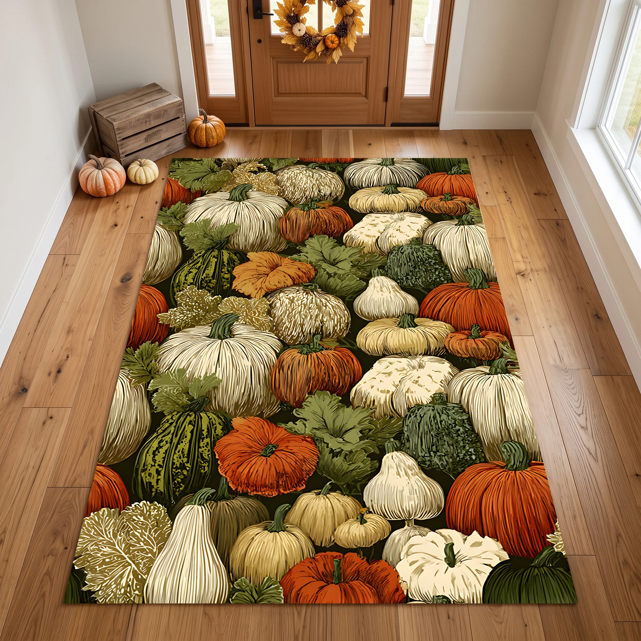 A Colorful Pumpkin Print American Country-Style Velvet Rug Suitable for Autumn and Winter, Perfect for Living Room, Bedroom, and Entryway, Creating a Warm Autumn Harvest Atmosphere