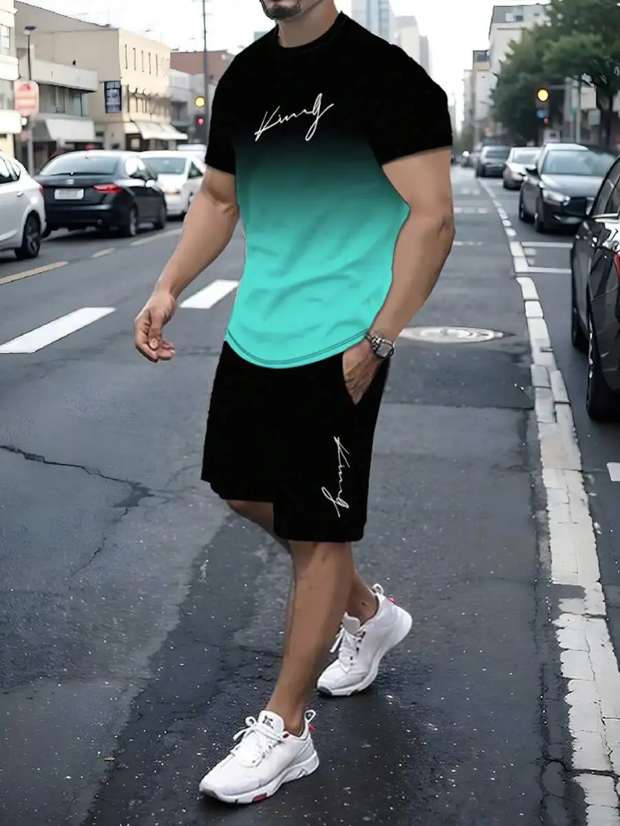 

Мужской комплект: футболка с коротким рукавом и градиентным принтом омбре, шорты на шнурке, эластичный полиэстер, повседневный летний наряд